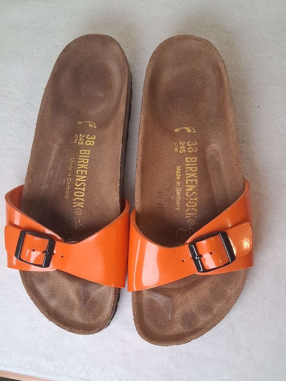 Birkenstock Orange Patent Madrid Buckle Sandals